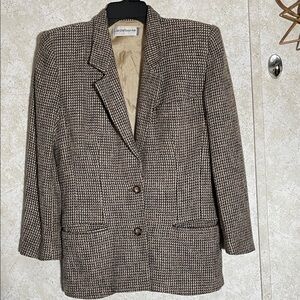 Vintage Liz Claiborne Brown Tan Wool Blend Houndstooth Blazer Petite 10